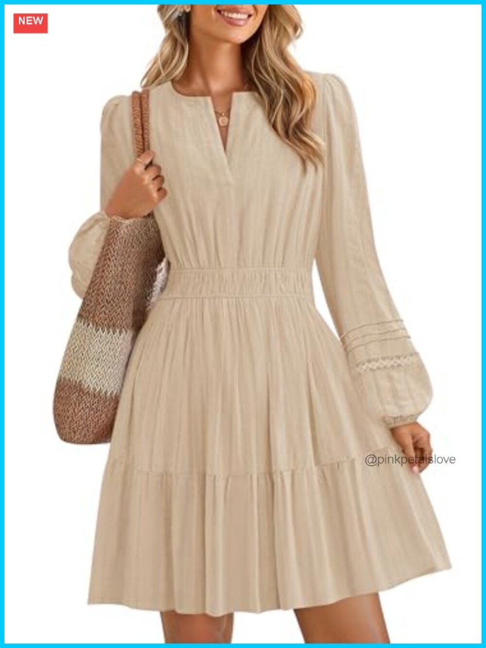 Women's Long Sleeve V Neck Mini Dress Cotton Flowy A Line Casual